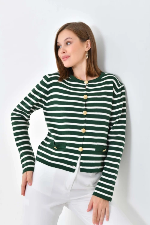 10334 KADIN ZÜMRÜT YAKASIZ CEP VE DÜĞME DETAYLI ÖRME CEKET