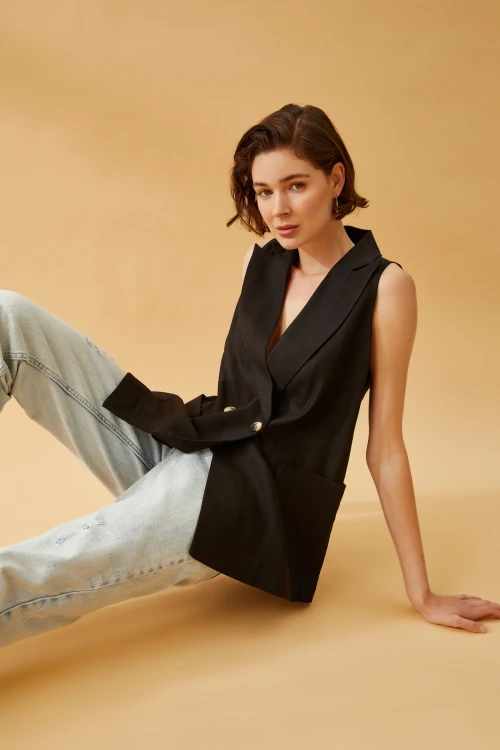 Kadın Cep Detaylı Uzun Keten Yelek - Kadın Yelek Cep Detaylı Uzun Keten Yelek Siyah - E055