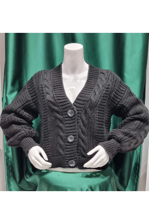 KADIN SİYAH V YAKA DÜĞMELİ DESENLİ KISA  TRİKO CEKET