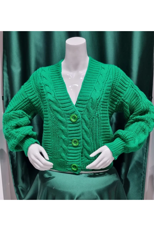 KADIN F.YEŞİLİ V YAKA DÜĞMELİ DESENLİ KISA  TRİKO CEKET