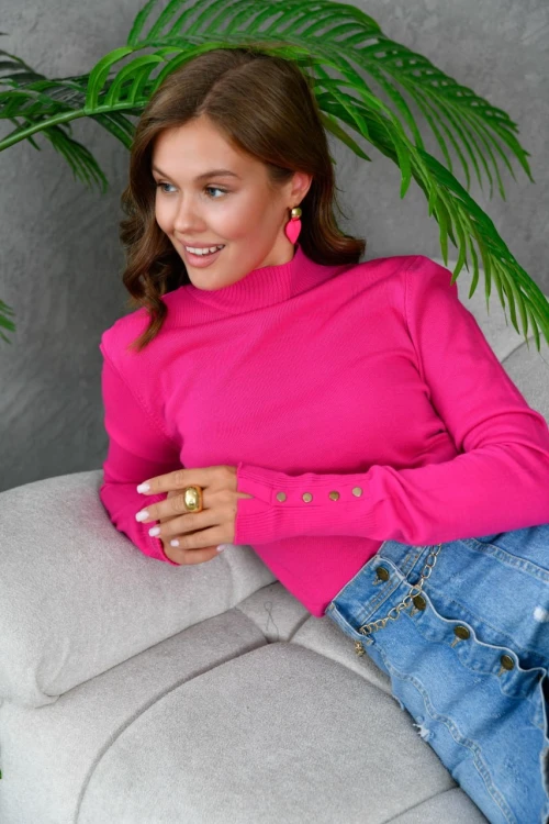 KADIN FUŞYA BOĞAZLI UZUN KOLLU KOL DÜĞMELİ