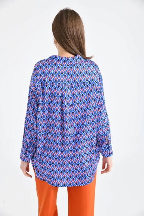 Kadın Gömlek Uzun Kollu Desenli Saten Gömlek Saks - 23005