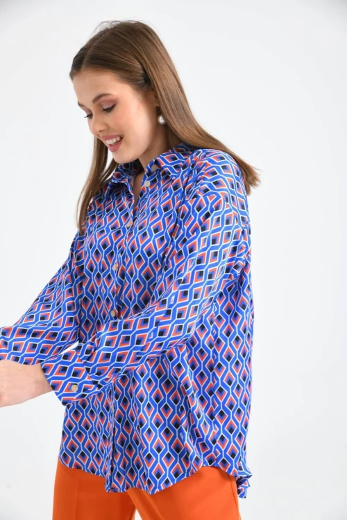 Kadın Gömlek Uzun Kollu Desenli Saten Gömlek Saks - 23005