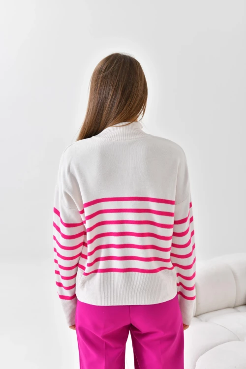 10341 KADIN FUŞYA YAKALI FERMUARLI ÇİZGİLİ DESENLİ  KAZAK