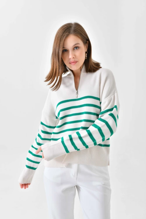 10341 KADIN YEŞİL YAKALI FERMUARLI ÇİZGİLİ DESENLİ  KAZAK