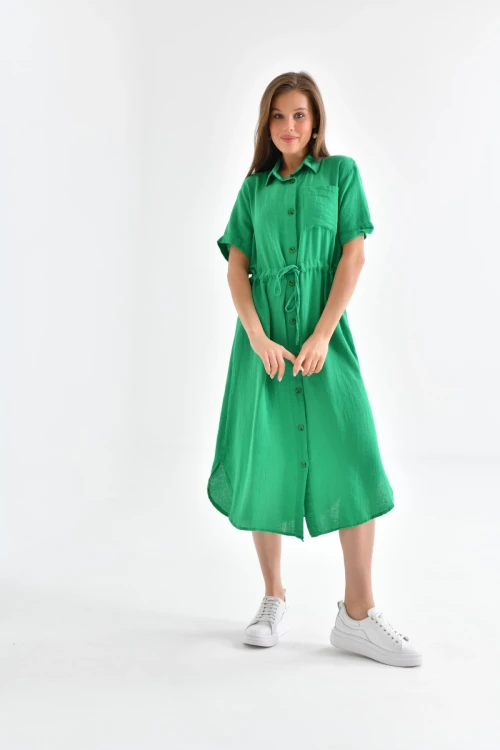 Kadın Gömlek Yaka Düğme Detay Bağcıklı Salaş Elbise