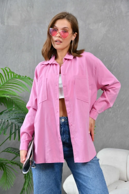 Kadın Gömlek Çift Cepli Uzun Kollu Gömlek Gül - 21012