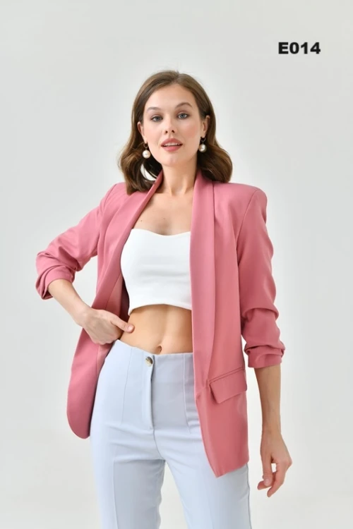 Kadın Blazer Ceket Tasarım Kol Büzgülü Çizgi Desenli Gül Renk - E014