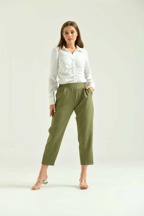 Kadın Pantolon Bel Lastikli Rahat Pantolon Haki - T116