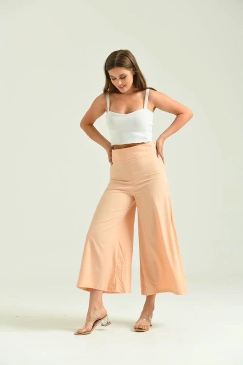 Kadın Pantolon Belden Lastikli Yandan Fermuarlı Cepsiz Etek Likralı Kadın Pantolon Bej - T020