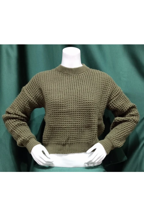 Kadın Kazak Bisiklet Yaka Tek Renk Örme Kazak Haki - 225004