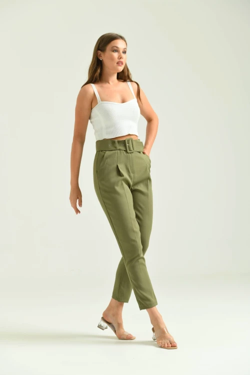 Kadın Pantolon Kemer Detaylı Basic Kadın Pantolon Haki - T018