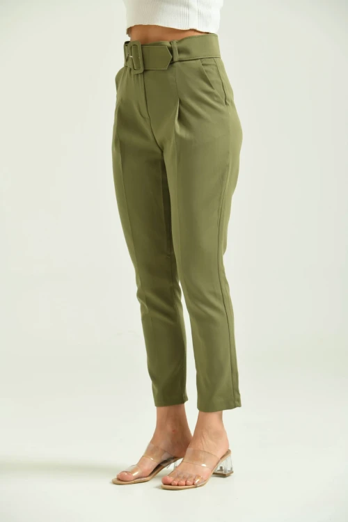 Kadın Pantolon Kemer Detaylı Basic Kadın Pantolon Haki - T018