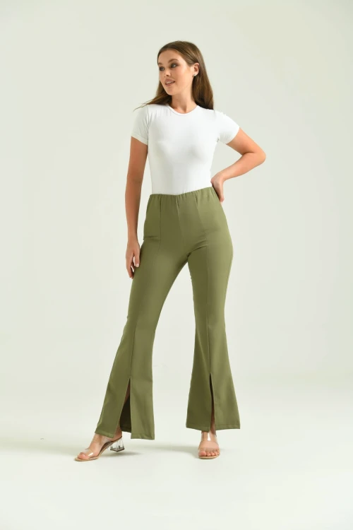 Kadın Pantolon  Paça Detaylı Toparlayıcı Yüksel Bel Kumaş Pantolon Haki - T111