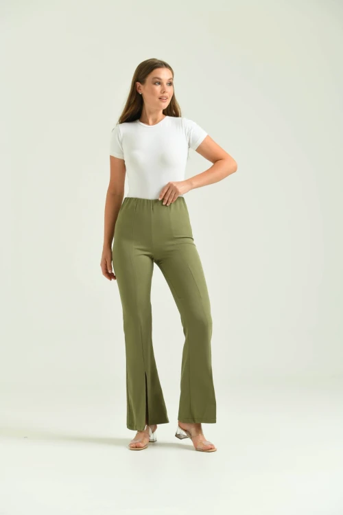 Kadın Pantolon  Paça Detaylı Toparlayıcı Yüksel Bel Kumaş Pantolon Haki - T111