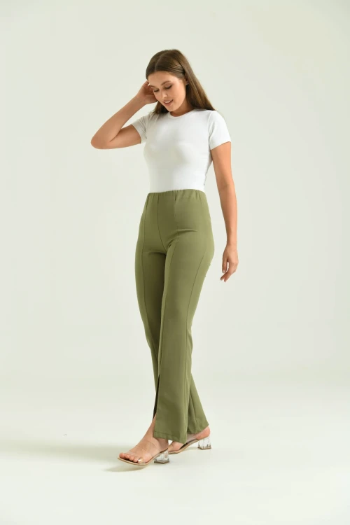 Kadın Pantolon  Paça Detaylı Toparlayıcı Yüksel Bel Kumaş Pantolon Haki - T111