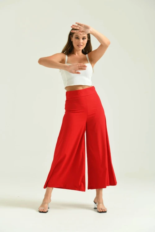 Kadın Pantolon Belden Lastikli Yandan Fermuarlı Cepsiz Etek Likralı Kadın Pantolon Kırmızı - T020