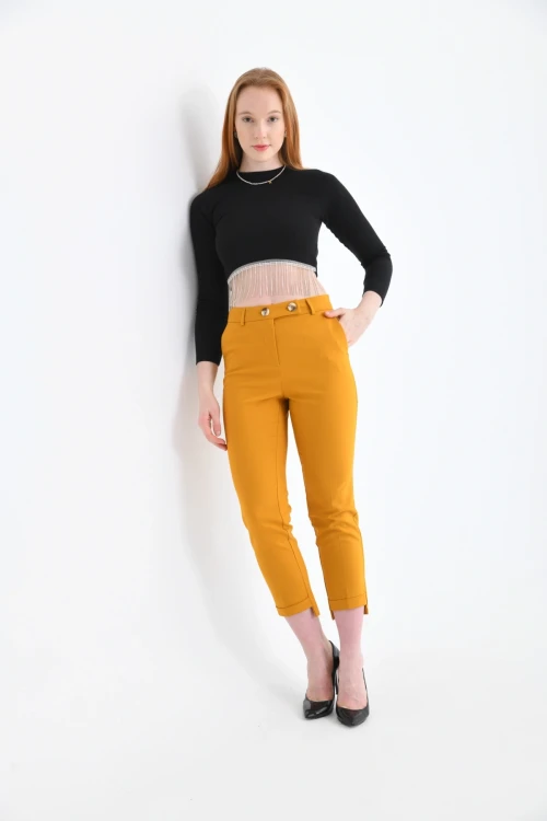 KADIN KIRMIZI Paça Detaylı Kumaş Pantolon