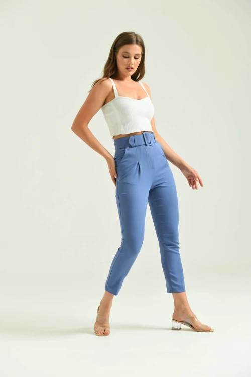 Kadın Pantolon Kemer Detaylı Basic Kadın Pantolon İndigo - T018