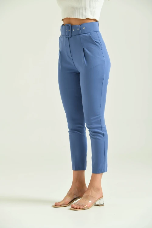 Kadın Pantolon Kemer Detaylı Basic Kadın Pantolon İndigo - T018