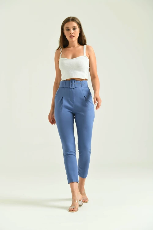 Kadın Pantolon Kemer Detaylı Basic Kadın Pantolon İndigo - T018