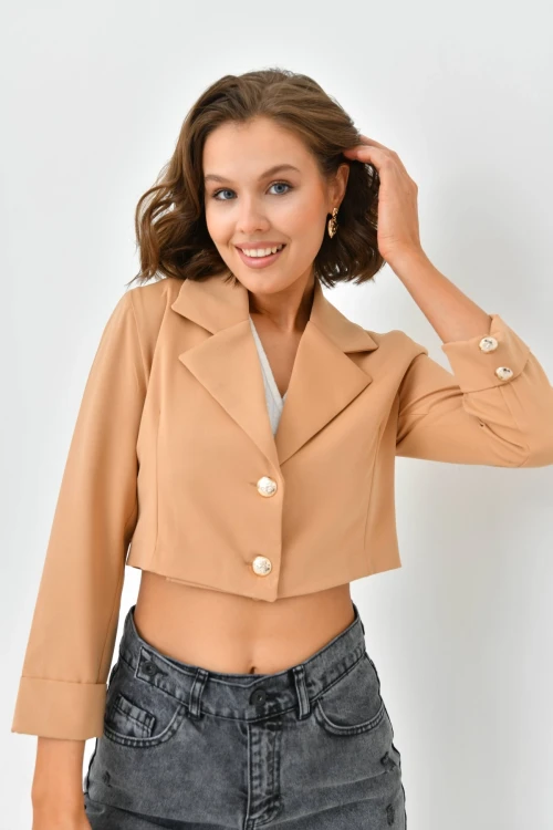 Kadın Kahve Düğme Detay Crop Ceket