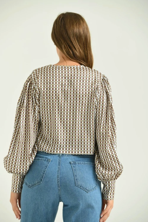 Kadın Gömlek Düğmeli Belden Bağlamalı Saten Gömlek Kahve - T029