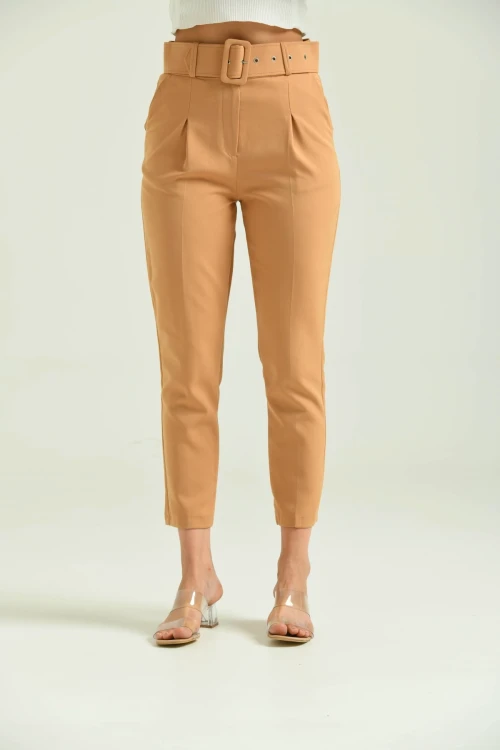 Kadın Pantolon Kemer Detaylı Basic Kadın Pantolon Kahve - T018
