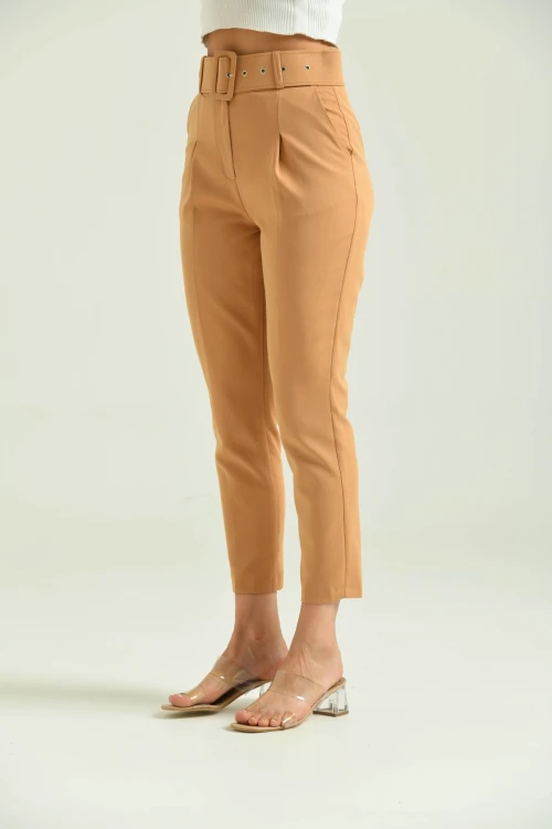 Kadın Pantolon Kemer Detaylı Basic Kadın Pantolon Kahve - T018
