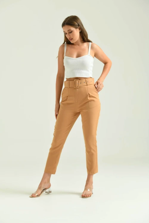 Kadın Pantolon Kemer Detaylı Basic Kadın Pantolon Kahve - T018
