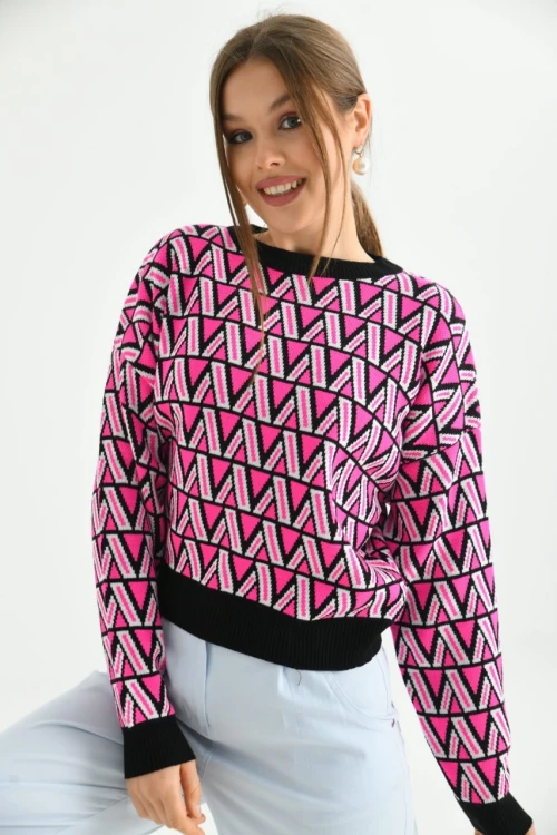 Kadın Kazak Bisiklet Yaka Desenli Kadın Kazak Siyah - 224503