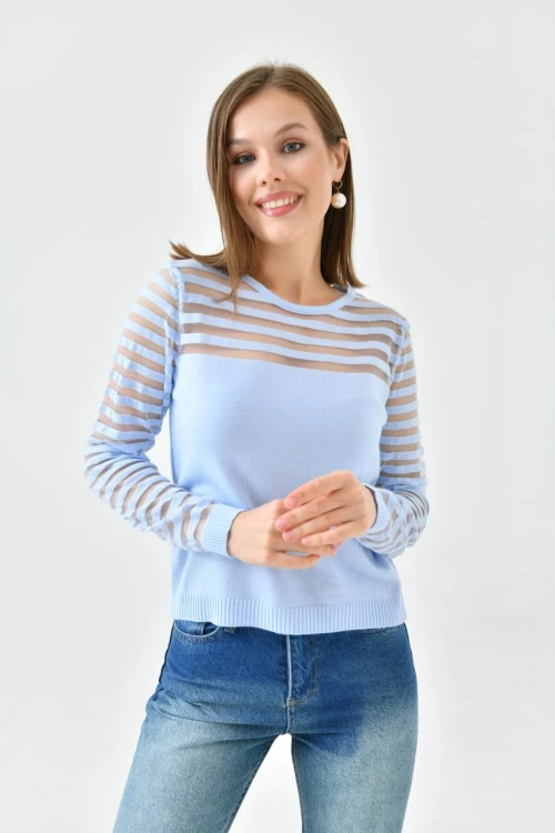 Kadın Triko Kazak Bisiklet Yaka Omuz ve Kol Detaylı Triko Kazak Kemik - 10757