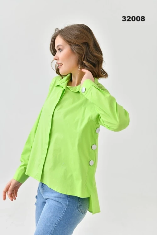 Kadın Gömlek Önü Kısa Arkası Uzun Yanları Düğmeli Gömlek Yeşil - 32008