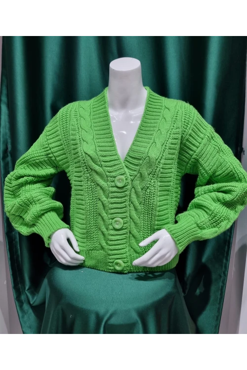 KADIN B.YEŞİL V YAKA DÜĞMELİ DESENLİ KISA  TRİKO CEKET