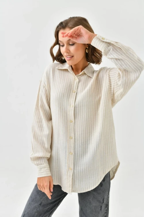 Kadın Taş Çizgili Desenli Düşük Omuz Kışlık Gömlek