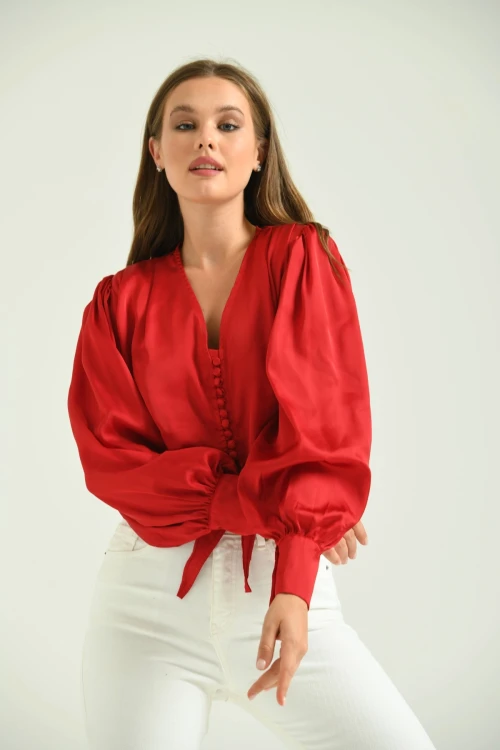 Kadın Gömlek Balon Kol Belden Bağlamalı Kadın Gömlek Kırmızı - T030