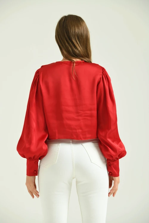 Kadın Gömlek Balon Kol Belden Bağlamalı Kadın Gömlek Kırmızı - T030