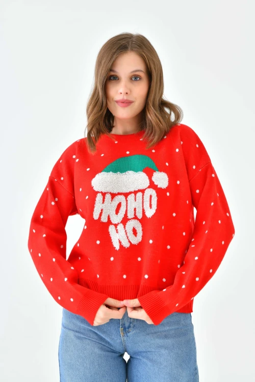 Kadın Kırmızı Yılbaşı konseptli Kazak