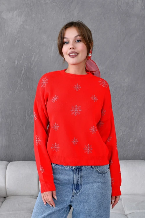 Kadın Kırmızı Bisiklet Yaka Yılbaşı Konseptli Kar Motifli Kazak