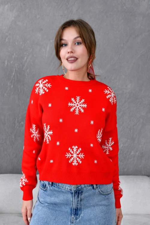 KADIN KIRMIZI BİSİKLET YAKA KAR MOTİFLİ KAZAK