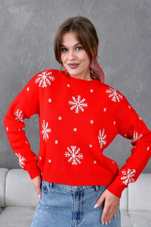 KADIN KIRMIZI BİSİKLET YAKA KAR MOTİFLİ KAZAK