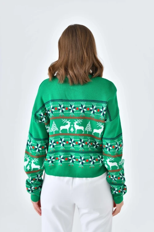 Kadın Kazak Yılbaşı Konseptli Geyik Motifli Boyunlu Kazak Yeşil - 224529