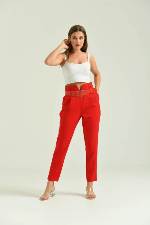 Kadın Pantolon Yüksel Bel Kemer Detay Havuç Pantolon Kırmızı - T016