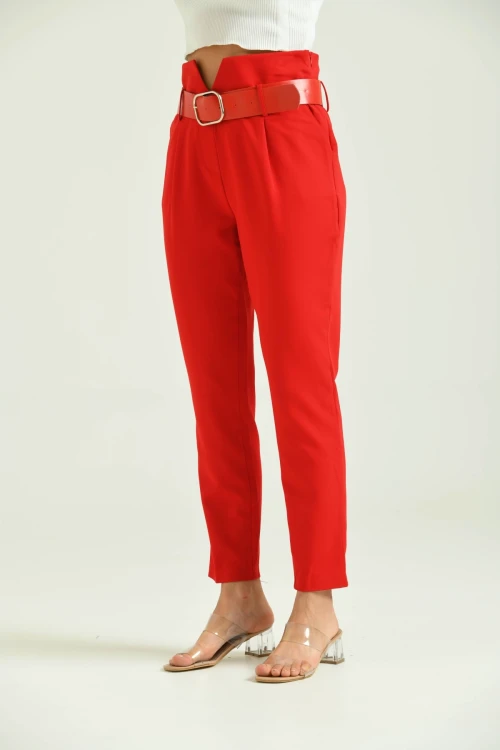 Kadın Pantolon Yüksel Bel Kemer Detay Havuç Pantolon Kırmızı - T016