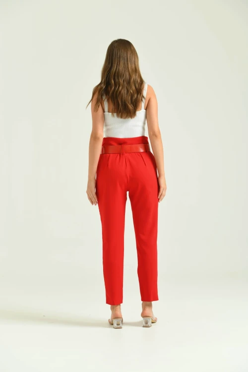 Kadın Pantolon Yüksel Bel Kemer Detay Havuç Pantolon Kırmızı - T016