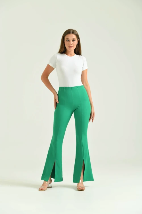 Kadın Pantolon  Paça Detaylı Toparlayıcı Yüksel Bel Kumaş Pantolon Yeşil - T111