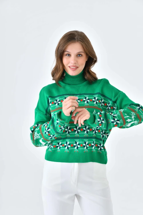 Kadın Lacivert Yılbaşı Konseptli Geyik Motifli Boyunlu Kazak