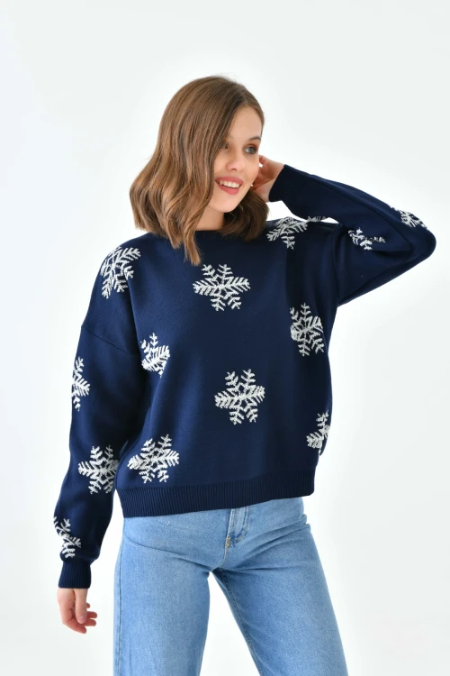 Kadın Kazak Yılbaşı Konseptli Kar Desenli Kazak Lacivert - 10560