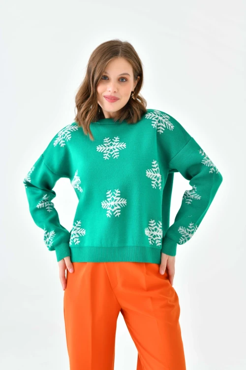 Kadın Kazak Yılbaşı Konseptli Kar Desenli Kazak Yeşil - 10560