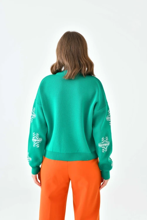 Kadın Kazak Yılbaşı Konseptli Kar Desenli Kazak Yeşil - 10560